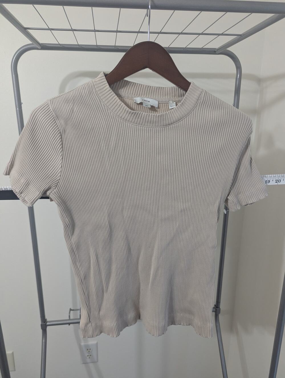 Vince Ribbed Knit Crew Neck Stretch Cotton Short Sleeve Top Beige M
